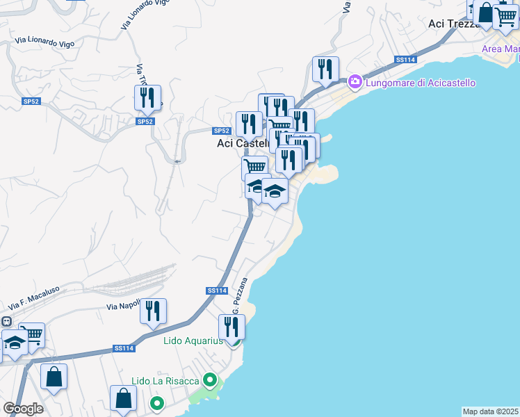 map of restaurants, bars, coffee shops, grocery stores, and more near 1 Via Cesare Battisti in Aci Castello