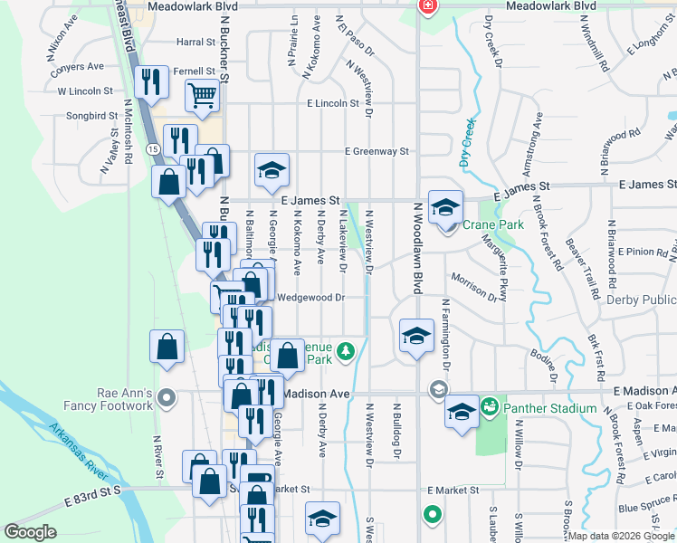 map of restaurants, bars, coffee shops, grocery stores, and more near 935 North Lakeview Drive in Derby