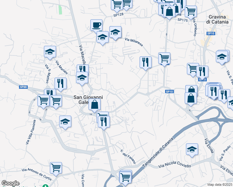 map of restaurants, bars, coffee shops, grocery stores, and more near 12 Via Guardia in Gravina di Catania