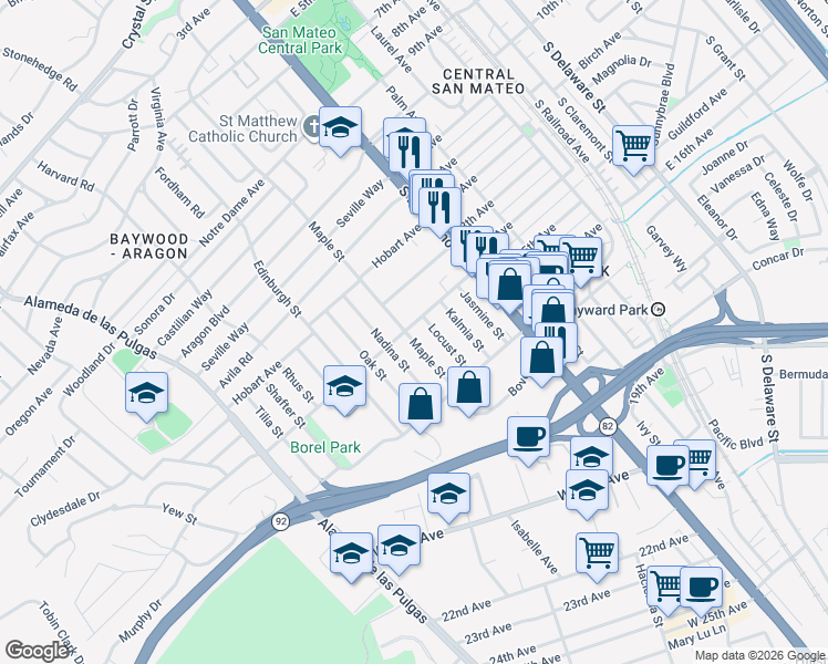 map of restaurants, bars, coffee shops, grocery stores, and more near 1405 Maple Street in San Mateo
