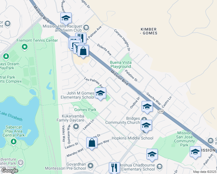 map of restaurants, bars, coffee shops, grocery stores, and more near 40613 Encanto Way in Fremont