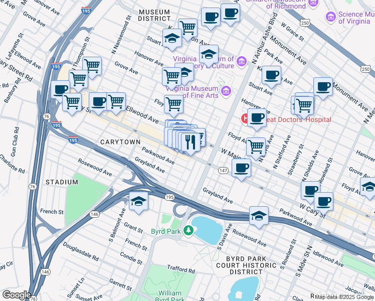 map of restaurants, bars, coffee shops, grocery stores, and more near 2918 West Cary Street in Richmond