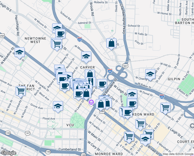 map of restaurants, bars, coffee shops, grocery stores, and more near 809 West Leigh Street in Richmond