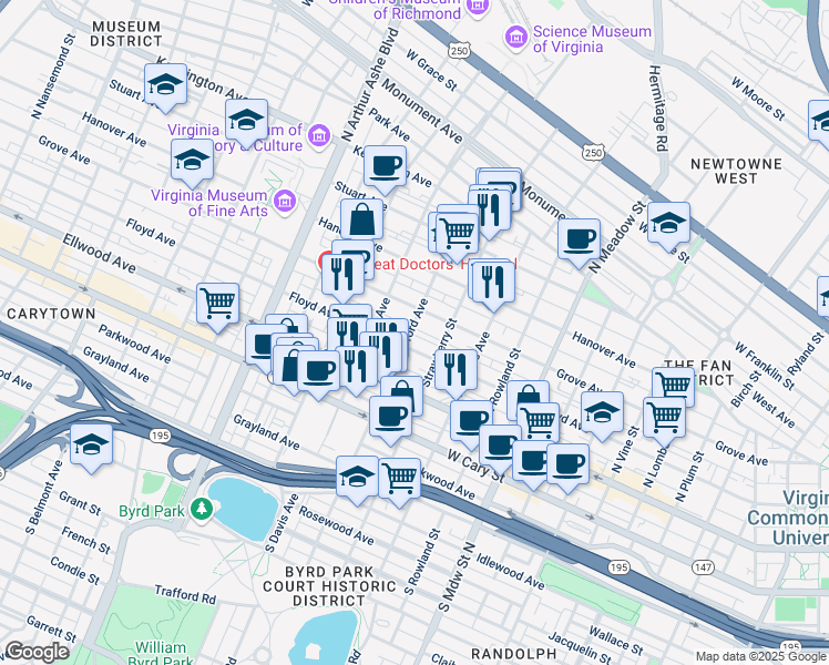 map of restaurants, bars, coffee shops, grocery stores, and more near 101 North Stafford Avenue in Richmond
