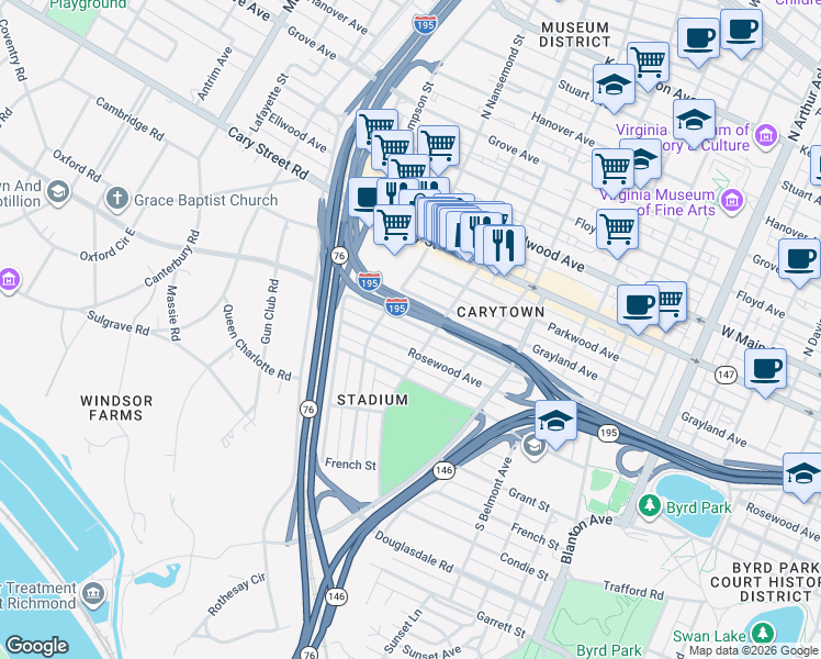 map of restaurants, bars, coffee shops, grocery stores, and more near 3405 Idlewood Avenue in Richmond