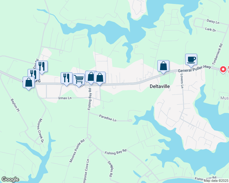 map of restaurants, bars, coffee shops, grocery stores, and more near 16780 General Puller Highway in Deltaville