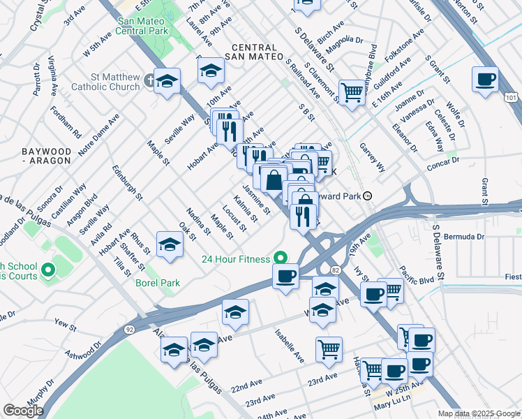 map of restaurants, bars, coffee shops, grocery stores, and more near 1530 Jasmine Street in San Mateo