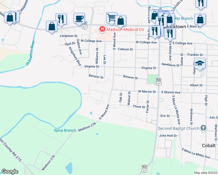 map of restaurants, bars, coffee shops, grocery stores, and more near 618 South Wood Avenue in Fredericktown