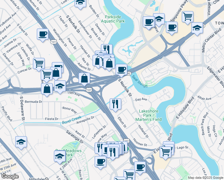 map of restaurants, bars, coffee shops, grocery stores, and more near 1900 South Norfolk Street in San Mateo