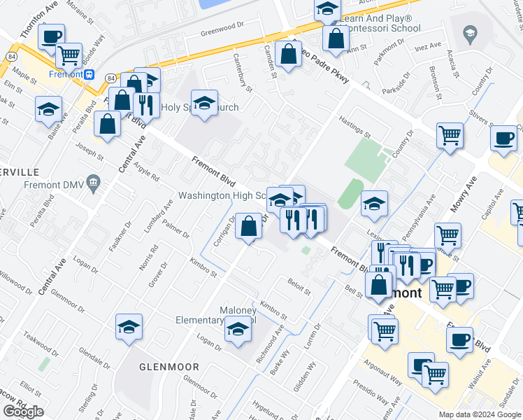 map of restaurants, bars, coffee shops, grocery stores, and more near 4085 Eggers Drive in Fremont