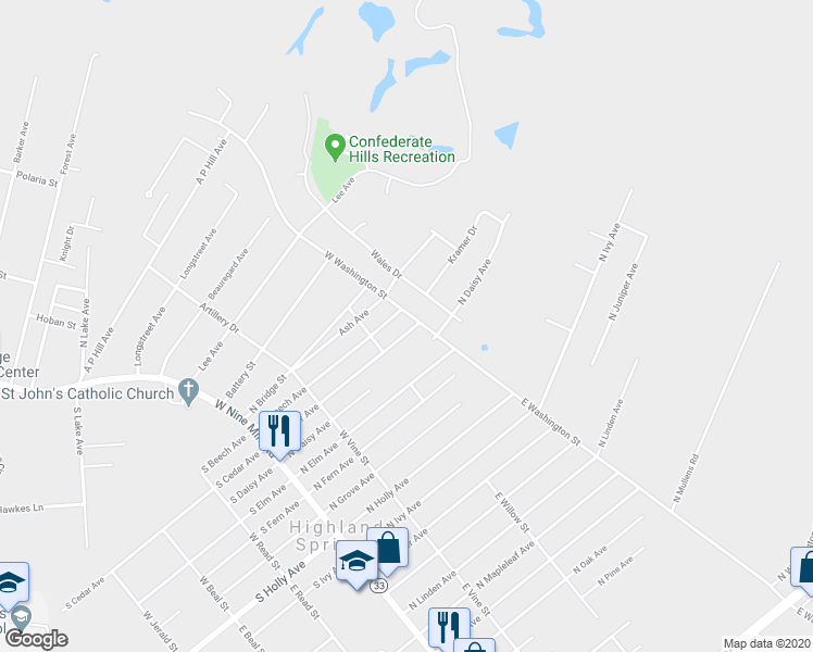 map of restaurants, bars, coffee shops, grocery stores, and more near 212 South Cedar Avenue in Henrico