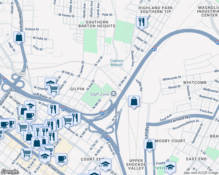 map of restaurants, bars, coffee shops, grocery stores, and more near 400 Hospital Street in Richmond