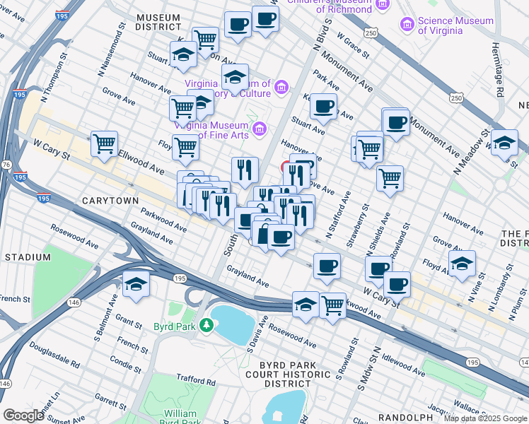 map of restaurants, bars, coffee shops, grocery stores, and more near 2710a West Main Street in Richmond