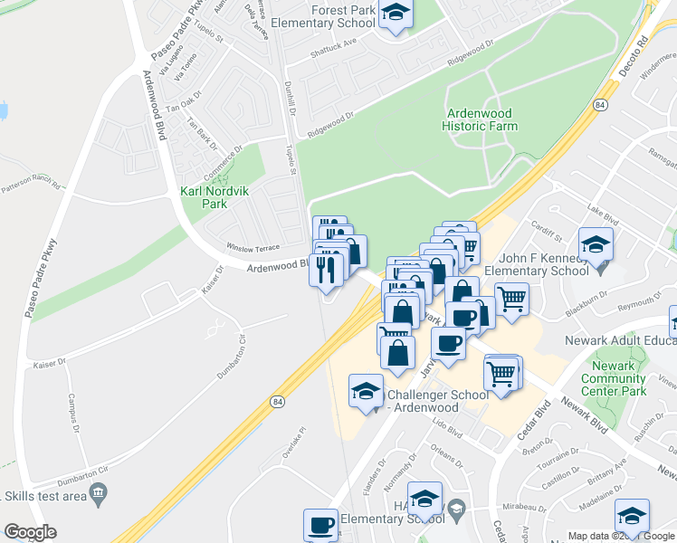 map of restaurants, bars, coffee shops, grocery stores, and more near 34701 Ardenwood Blvd in Fremont