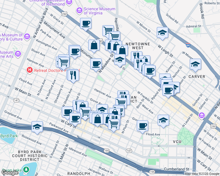 map of restaurants, bars, coffee shops, grocery stores, and more near 1801 Park Avenue in Richmond