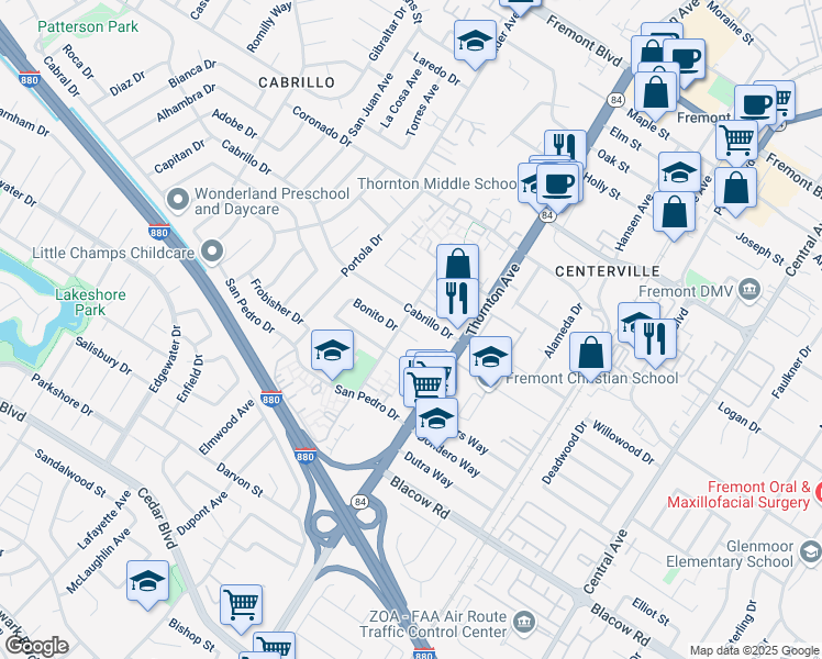 map of restaurants, bars, coffee shops, grocery stores, and more near 36824 Bonito Drive in Fremont
