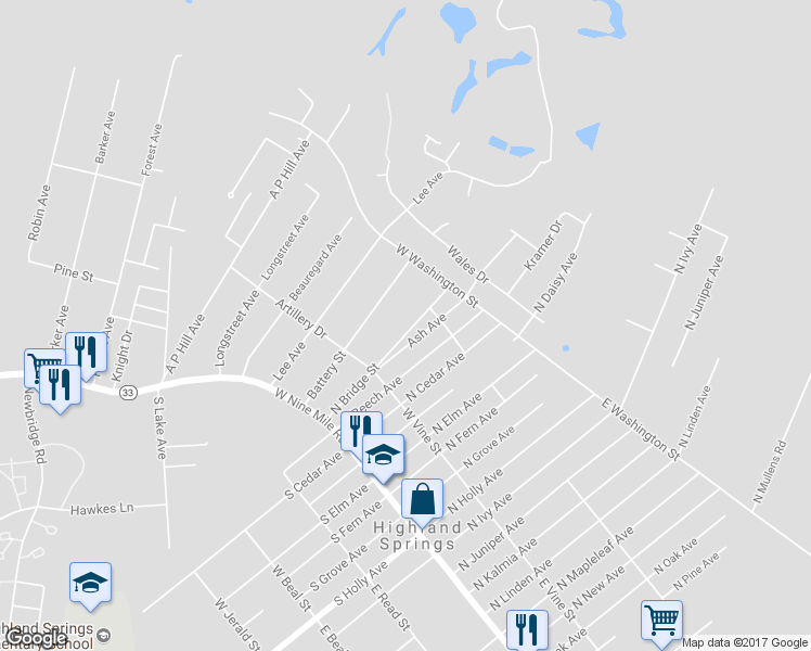 map of restaurants, bars, coffee shops, grocery stores, and more near 122 North Bridge Street in Highland Springs