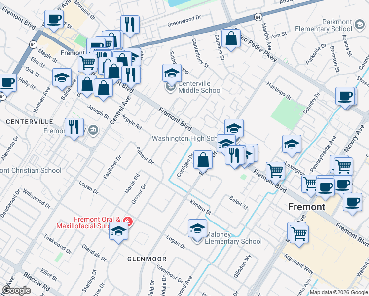 map of restaurants, bars, coffee shops, grocery stores, and more near 38143 Ellis Court in Fremont