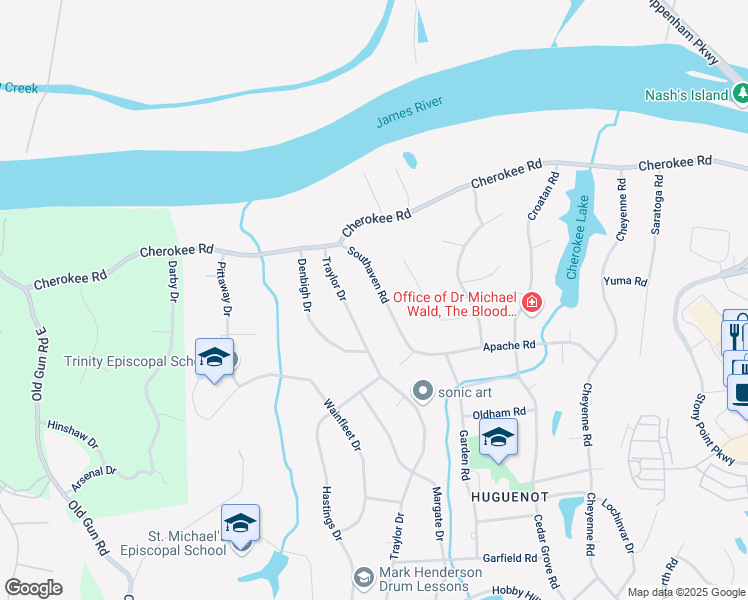 map of restaurants, bars, coffee shops, grocery stores, and more near 4200 Southaven Road in Richmond