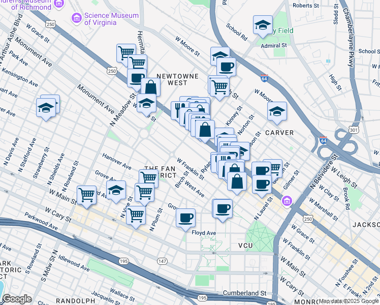 map of restaurants, bars, coffee shops, grocery stores, and more near 1125 West Grace Street in Richmond