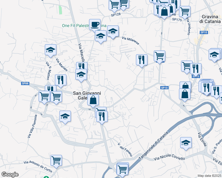 map of restaurants, bars, coffee shops, grocery stores, and more near 12 Via Guardia in Gravina di Catania