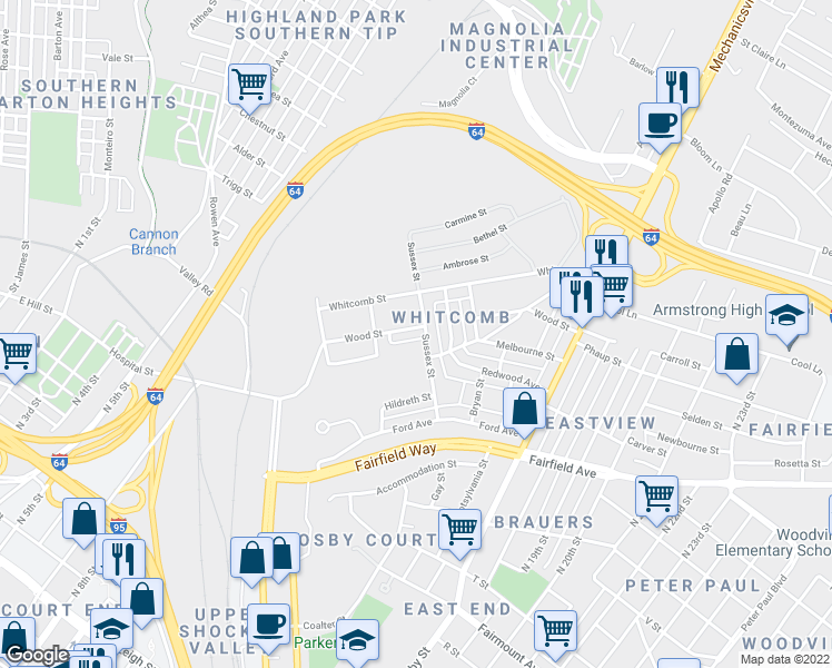 map of restaurants, bars, coffee shops, grocery stores, and more near 1907 Sussex Street in Richmond