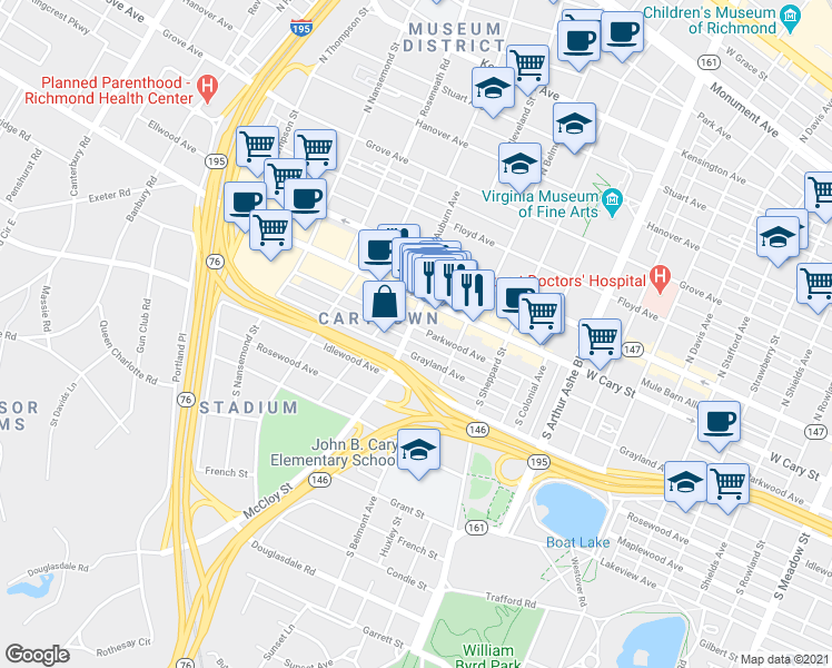 map of restaurants, bars, coffee shops, grocery stores, and more near 3137 Parkwood Avenue in Richmond