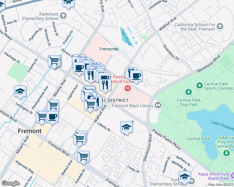 map of restaurants, bars, coffee shops, grocery stores, and more near 2674-2826 Walnut Avenue in Fremont
