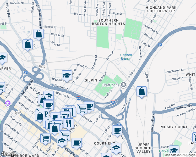 map of restaurants, bars, coffee shops, grocery stores, and more near 1106 North 2nd Street in Richmond