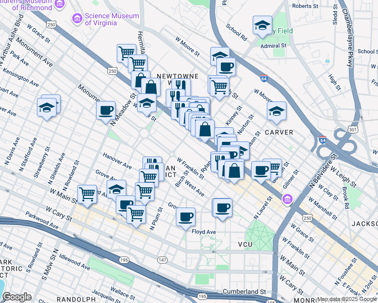 map of restaurants, bars, coffee shops, grocery stores, and more near 1140 West Grace Street in Richmond