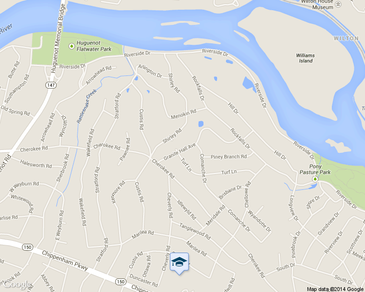 map of restaurants, bars, coffee shops, grocery stores, and more near 7734 Granite Hall Avenue in Richmond