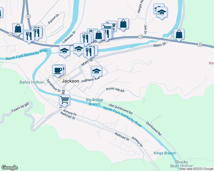 map of restaurants, bars, coffee shops, grocery stores, and more near 160 Bridge Hollow Road in Jackson