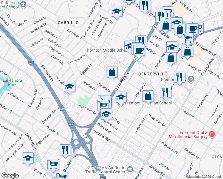 map of restaurants, bars, coffee shops, grocery stores, and more near 36942 Cabrillo Drive in Fremont