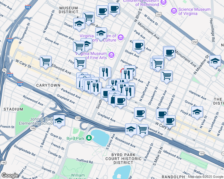 map of restaurants, bars, coffee shops, grocery stores, and more near 2706 West Main Street in Richmond