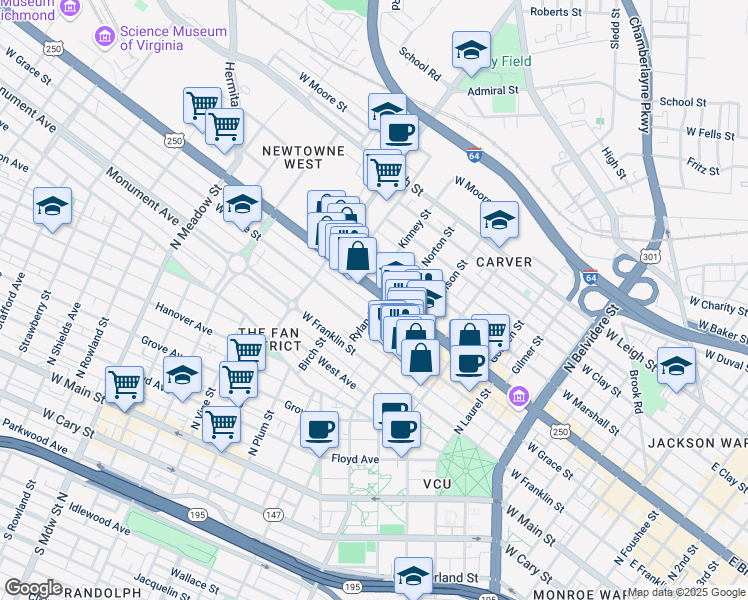 map of restaurants, bars, coffee shops, grocery stores, and more near 1301 West Broad Street in Richmond