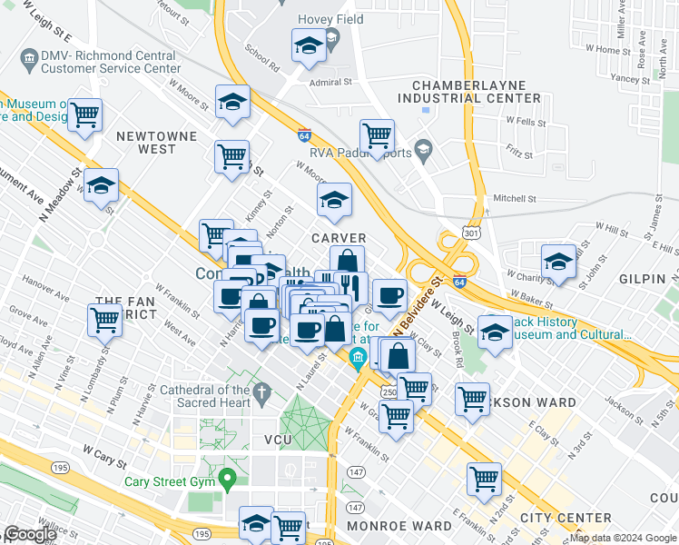 map of restaurants, bars, coffee shops, grocery stores, and more near 1000 West Clay Street in Richmond