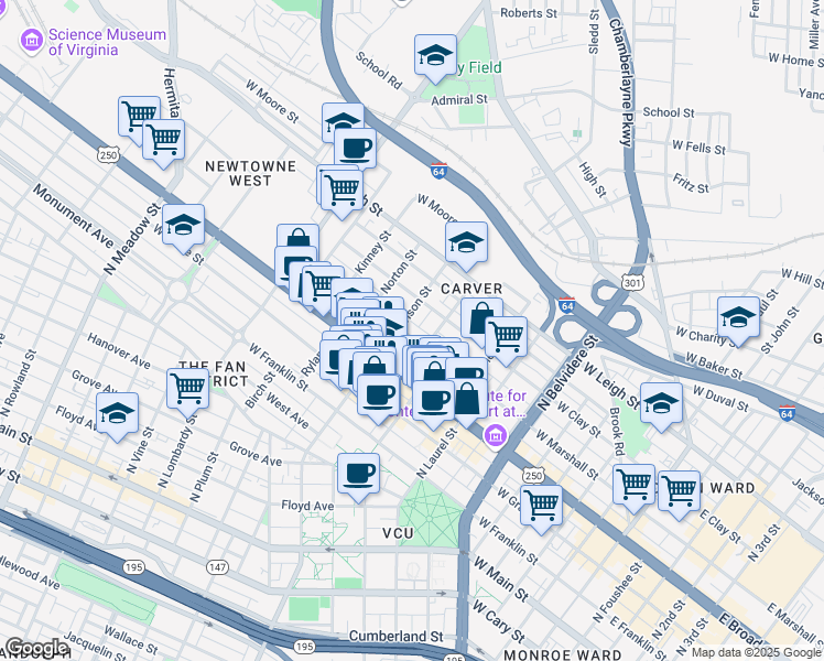 map of restaurants, bars, coffee shops, grocery stores, and more near 1118 West Marshall Street in Richmond