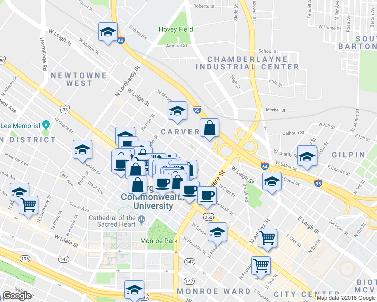 map of restaurants, bars, coffee shops, grocery stores, and more near 909 Catherine Street in Richmond