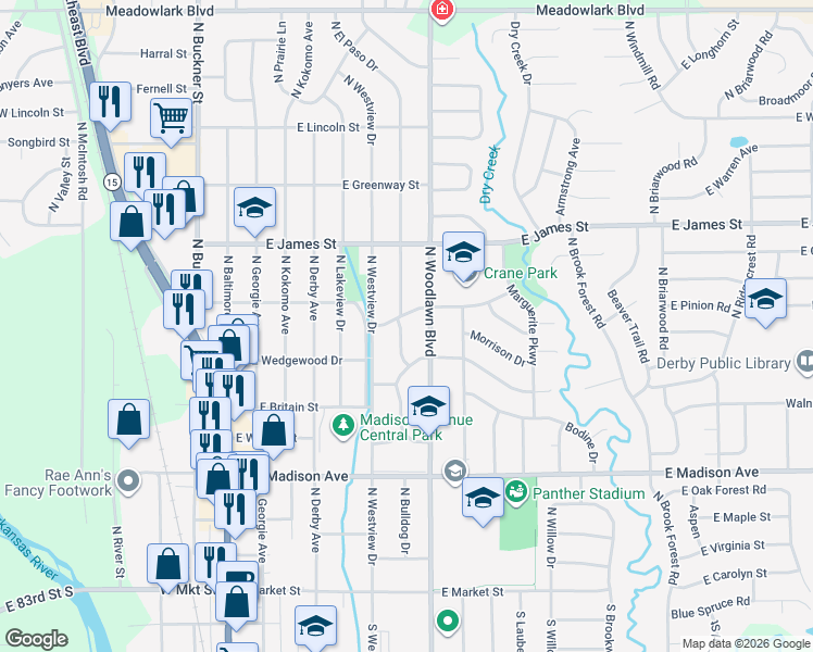 map of restaurants, bars, coffee shops, grocery stores, and more near 836 North El Paso Drive in Derby
