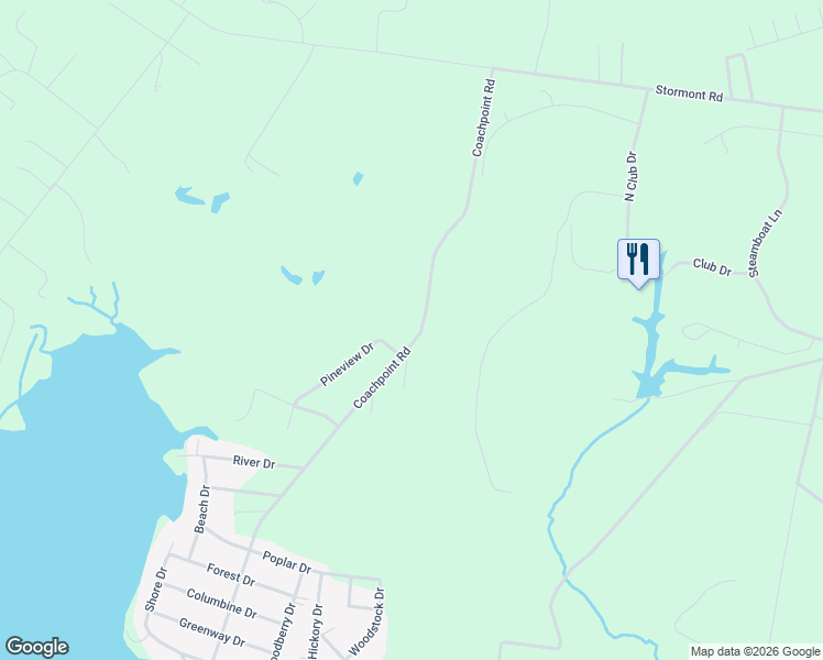 map of restaurants, bars, coffee shops, grocery stores, and more near 596 Coachpoint Road in Hartfield