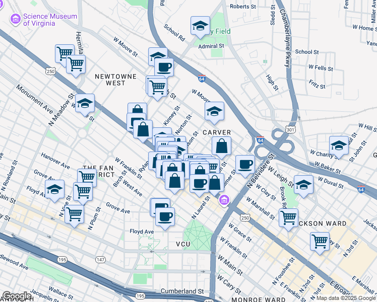 map of restaurants, bars, coffee shops, grocery stores, and more near 1122 West Marshall Street in Richmond