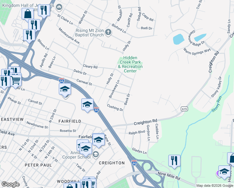map of restaurants, bars, coffee shops, grocery stores, and more near 2705 Carneal Street in Richmond
