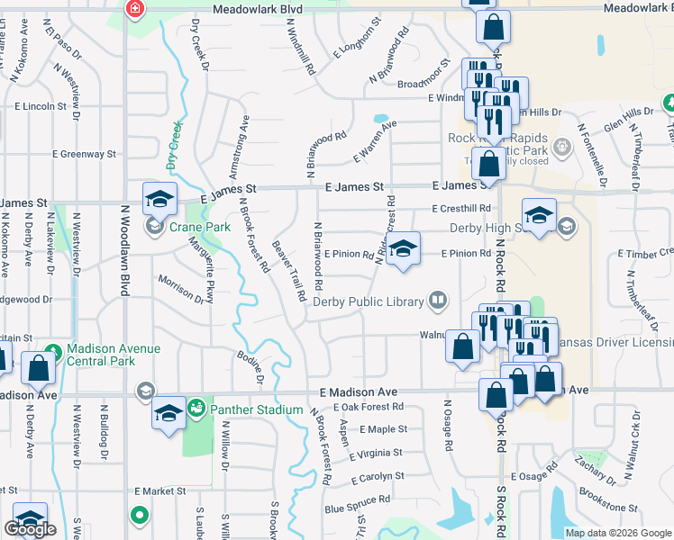 map of restaurants, bars, coffee shops, grocery stores, and more near 1300-1430 E Pine Tree Rd in Derby