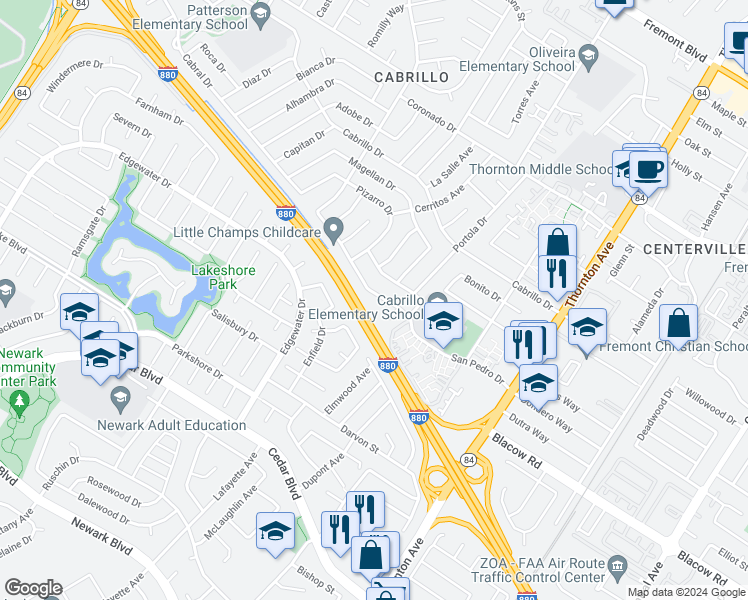 map of restaurants, bars, coffee shops, grocery stores, and more near 36311 San Pedro Drive in Fremont