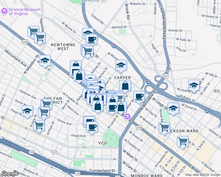 map of restaurants, bars, coffee shops, grocery stores, and more near 1114 1/2 West Marshall Street in Richmond