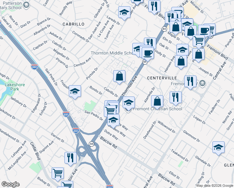 map of restaurants, bars, coffee shops, grocery stores, and more near 36942 Cabrillo Drive in Fremont