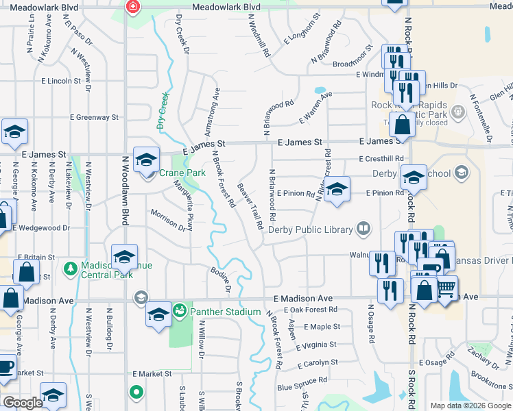 map of restaurants, bars, coffee shops, grocery stores, and more near 842 Beaver Trail Road in Derby