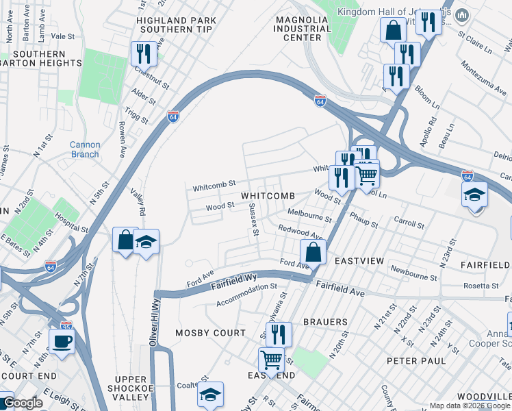 map of restaurants, bars, coffee shops, grocery stores, and more near 1907 Sussex Street in Richmond