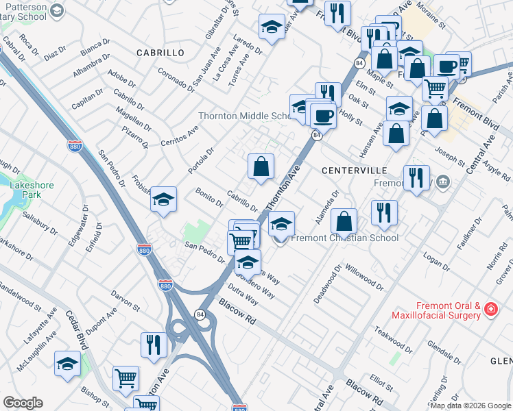 map of restaurants, bars, coffee shops, grocery stores, and more near 36942 Cabrillo Drive in Fremont