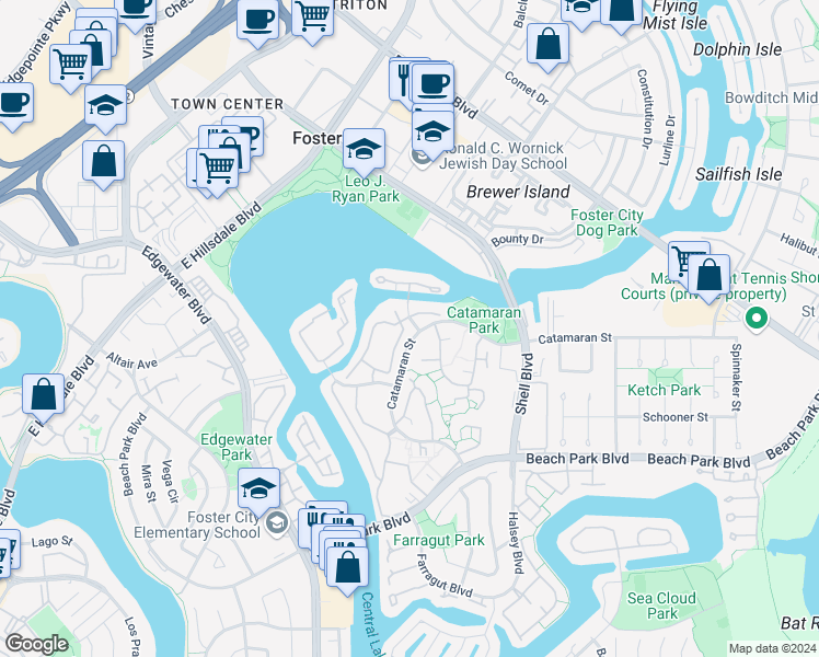 map of restaurants, bars, coffee shops, grocery stores, and more near 982 De Soto Lane in Foster City
